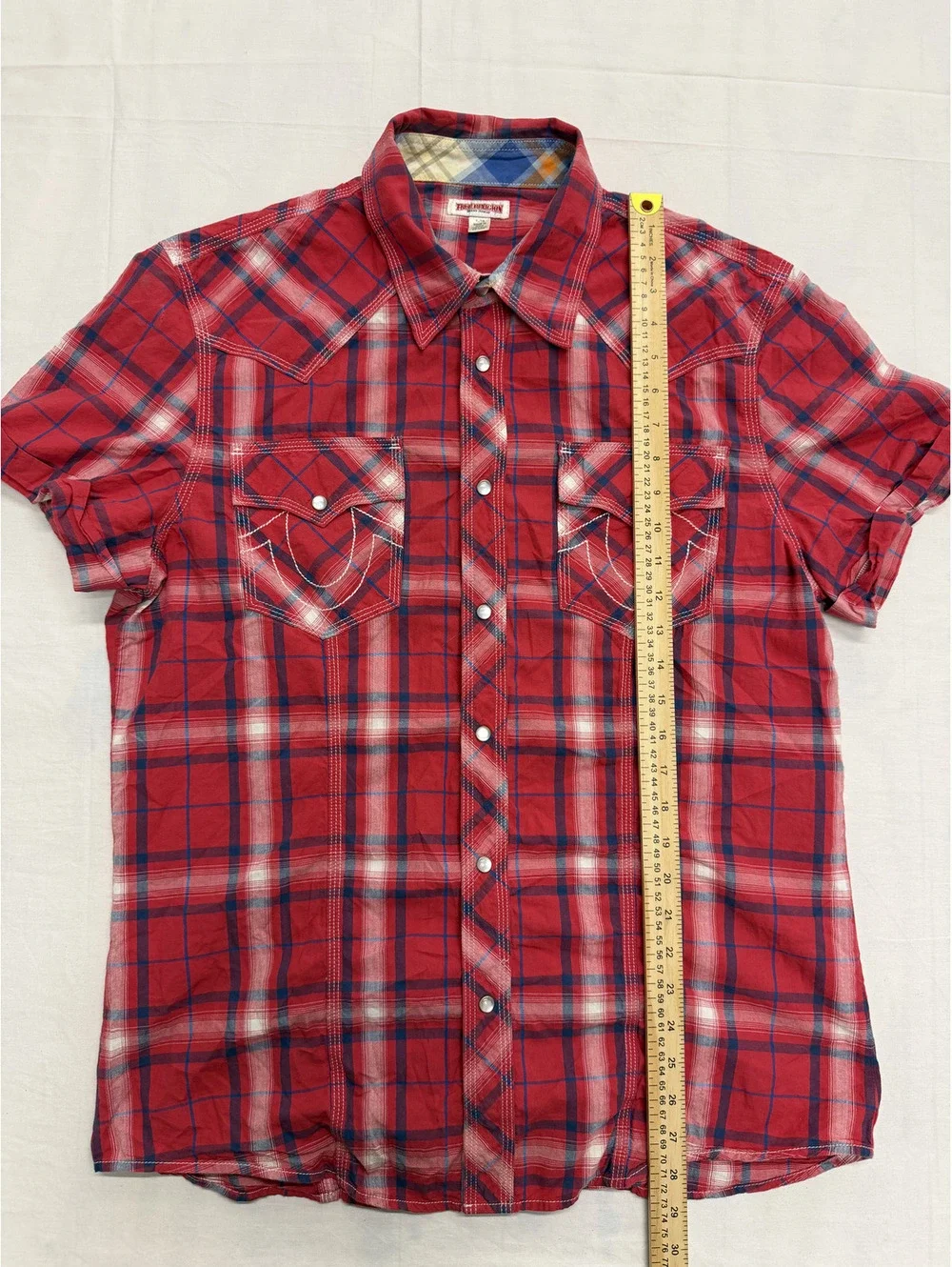 True Religion Men's Red Plaid Short Sleeve Western Shirt XL